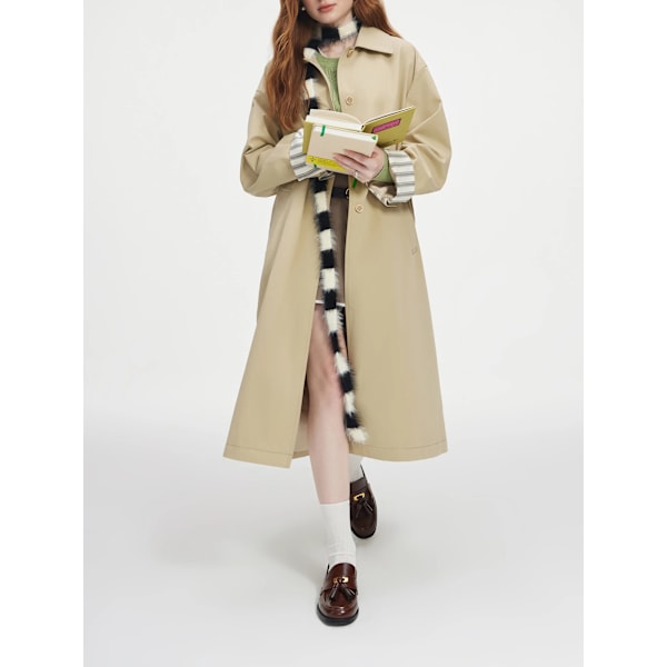 Fsle Single Breasted Trench Coat För Kvinnor 2024 Ny Koreansk Version Design Sense Kontrasterande Färg Medium Lång Jacka 24Fs13181 Beige M