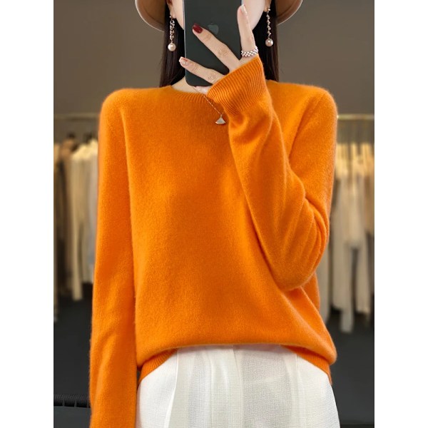 100% Merinoulltröja Kvinnor Kasmirstickad Pullover Höst Vinter Rund Hals Solid Färg Mode Bas Kvinna Kläder Topp Orange L