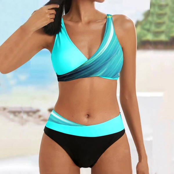 Kvinnors bikinis med hög midja i två delar set färger Sexig Push Up Plus Size Baddräkt 2024 Sommar Beachwear Baddräkter Light Blue S