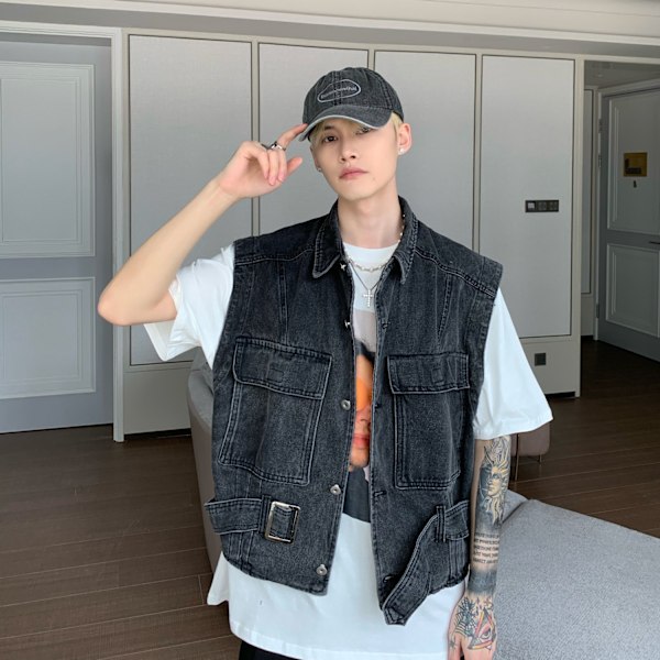 Mode Mærke Casual Slim-Fit Lomme Ærmeløs Denim Vest Mænds Koreansk Stil Trendy Rock Sommer 2021Ny Black L