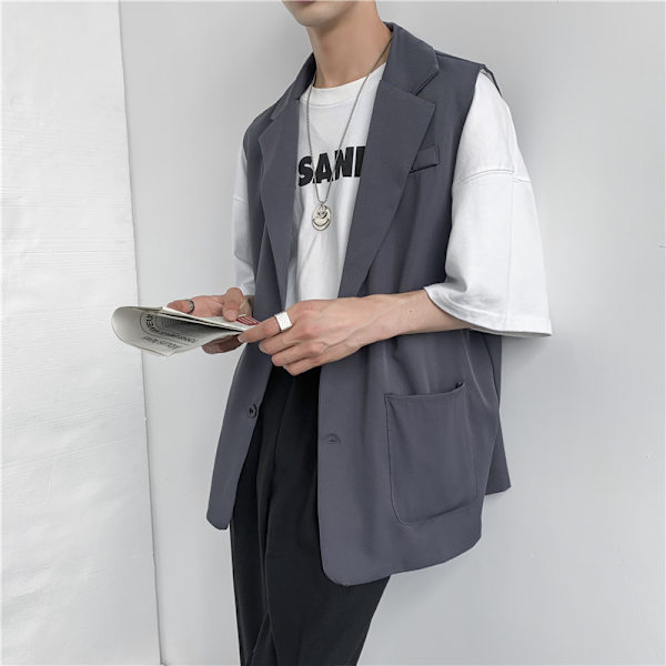Höstdräkt Mäns Västjacka Mäns Koreansk-Stil Moderiktig Ärmlös Kostym Hong Kong-Stil Loose Wa. Väst Sommare Grey XXL