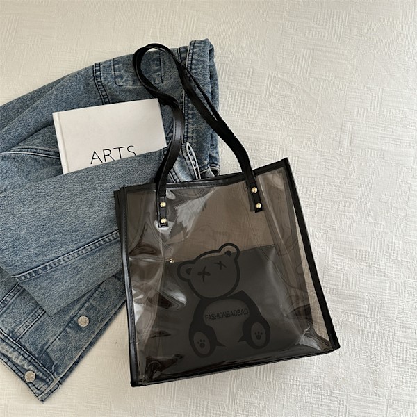 Transparent Väska Bärbar Kvinnor 2024 Sommar Nytt Fahionable Korean-Stil Axel Väska Stor Kapacitet Tote Bag Mor Och Mammar Transparent Påsen Transparent Black