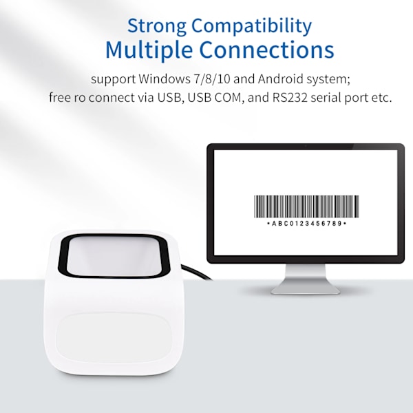 1D 2D QR Desktop Stregkodescanner Platform Håndfri USB Kablet Stregkodescanner Kompatibel med Windows Android System WHITE