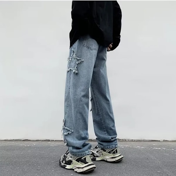 Nye Mode Stjerner Håndklæde Broderi Baggy Mænd Jeans Bukser Y2k Tøj Lige Hofte Hop Bomuld Bukser Pantalon Homme Mens Jeans. 1042black XXL