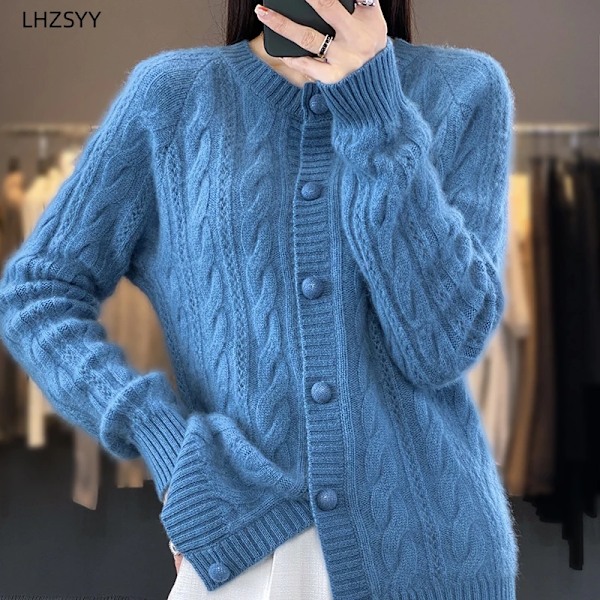 Lhzsyy Hösten Vinter Ny Cashmir Cardigan Kvinnor O-Hals Sticka Rock Tröja Casual Stor Storlek Skjorta Topparna Loose Twist Kvinnlig Jacka Beige L