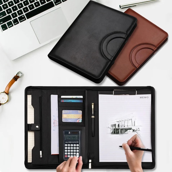 A4 Business Padfolio Filmapp Portfölj Pu Läder Portfölj med Miniräknare Anteckningsböcker Korthållare Office Document Organizer Brown-Handle