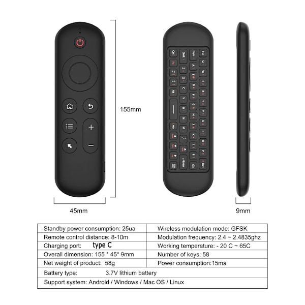 Mini tangentbord Dual Mode 2.4G Bt 5.2 Gyroskop 7 Färg Bakgrundsbelyst Tv-Box Pc: English-Backlight