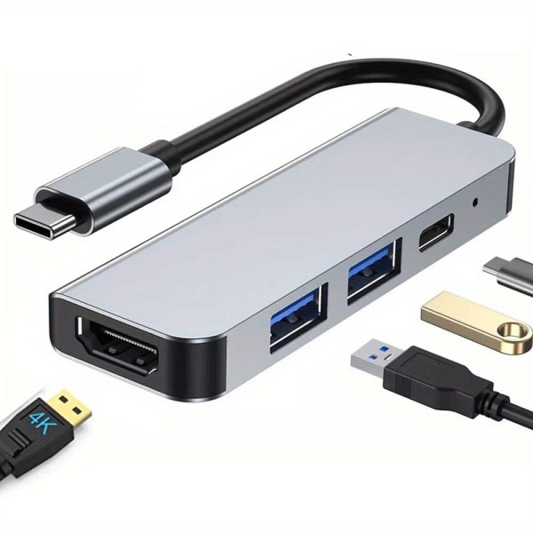 USB C till-kontakt för HDMI-multiportadapter, USB-C-flerportsnav med 4K-kontakt för HDMI-utgång, 1 USB 3.0, 1 USB 2.0, typ C power Gray