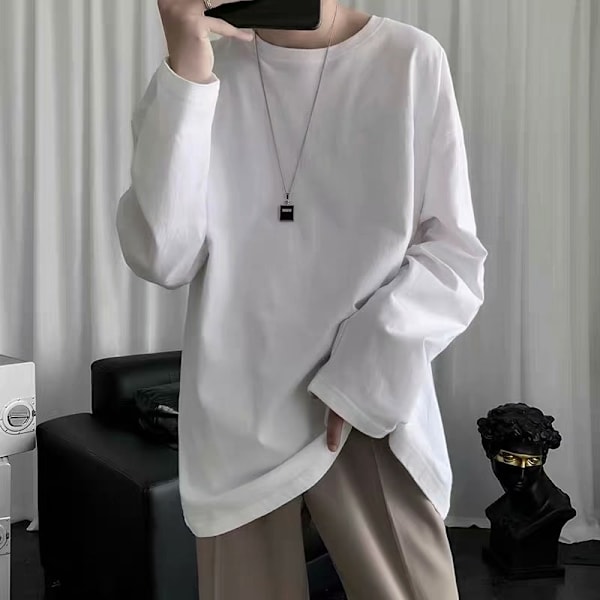 Syksyn Plus-kokoinen pitkähihainen T-paita miehille, Hong Kong -tyyli, trendikäs merkki, muodikas huipputyylikäs rento pyöreä pohjapaita, ohut sisäinen T-paita Pure Cotton 200G White L