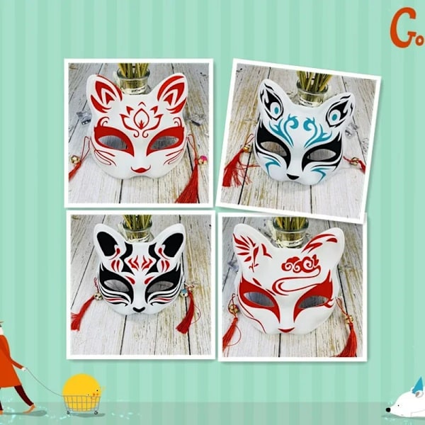 Handmålade Katt Fox Mask Masquerade Halloween Festival Cosplay Prop Japanese Mask Halv Ansikte Anime Demon Dråparen 19