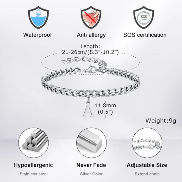 Vnox 26 Brev Charms Ankruckor För Män Kvinnor, Kubansk Kedja Ankel Armband Med Första Upphängd, Unisex Stål Ankel Kedja Smycken JC-184S-P