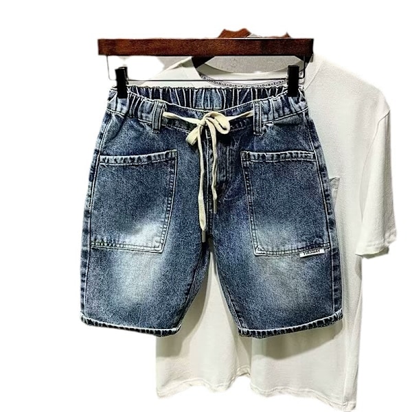 Sommar Nya Fem-Kvarters Denim Shorts Mäns Elastiska Midja Dragsnöre Stora Pocket Cargo Byxor Blå Mode Brännur E Blue 28