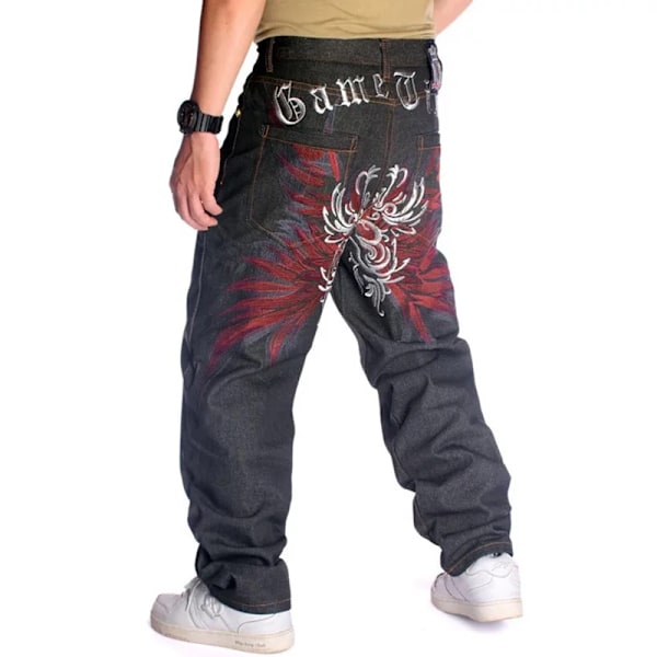 Plus Storlek 30-46 Tum Skateboard Män Baggy Jeans Bredben Lös Höft Hop Broderade Blomstervingar Mall E Denim Byxor Tide Byxor style 2 46 inch-6XL