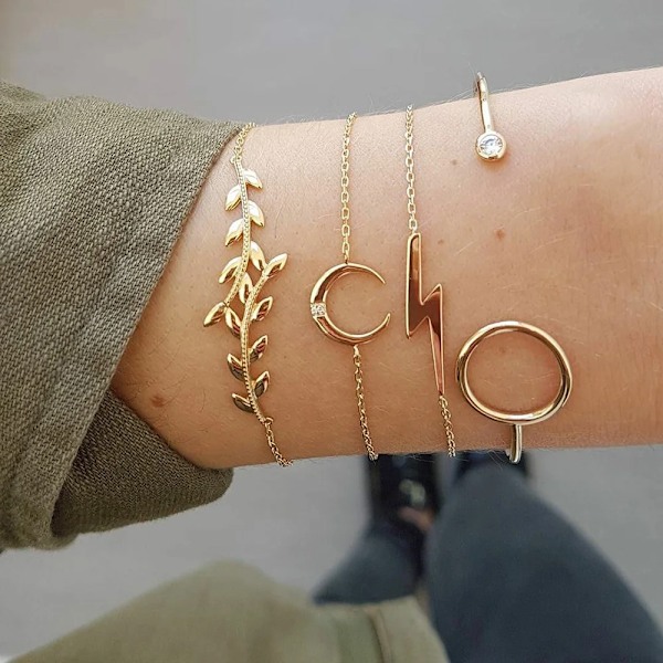 Trendy Geometric Länk Kedja Armband Set För Kvinnor Rhinestones Guld Färg Lämnar Hjärta Pendel Öppna Cuff Arme Flickor Smycken 36