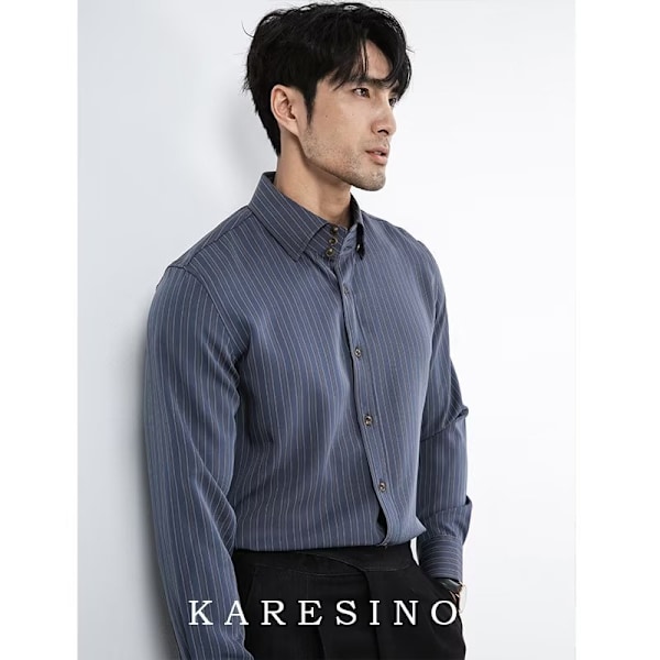 Retro Kaffe Farve Stribet Skjorte Mænd Langærmet Business Casual Top Spids Krave Britisk Trendy Slim-Fit Skjorte Vår Og Efterår. Blue XXL