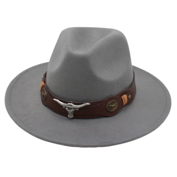 Nya resor Klassiska män Fedora hattar med tjurformad dekor höst vinter kvinnor jazz filt hattar retro brittisk platt brätte kyrkhatt grey ZongNT L (Adult 59-62cm)