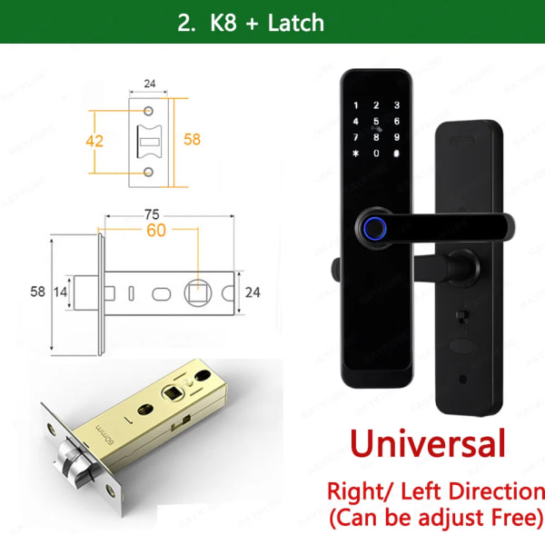 K8 Smart Dörrlås TTlock Bluetooth / Tuya Wifi Fingeravtryck Lösenord 13,56MHZ IC-kort Keyless Smartlife Home With Latch TT Lock Version