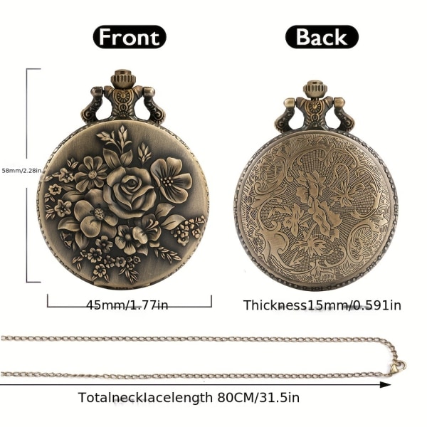 Rose Flower Relief Quartz Fick Watch Vintage Brons Analog Halsband Chain Watch Alla hjärtans present till kvinnor Henne Bronze