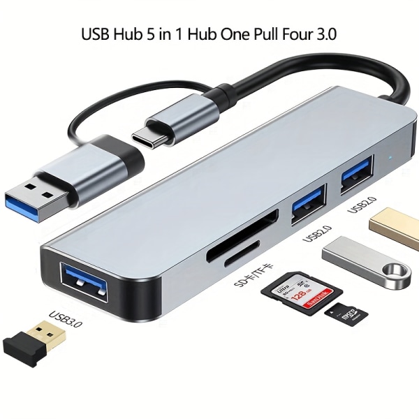 5-i-1 USB hubb: One Drag, 3.0-portar, Type-C Splitter & USB -förlängning för datorer och bärbara datorer 5-i-1 USB C Multiport Adapter med 100W PD, USB 2.0 3.0
