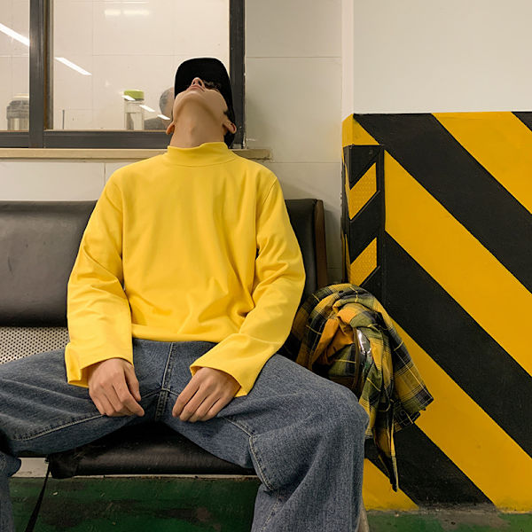 Puoliturkainen pohjapaita miehille, löysä pohjapaita, korealainen lämmin korkeakauluksinen syksyn aluspaita, miesten pitkähihainen T-paita White Turtleneck L