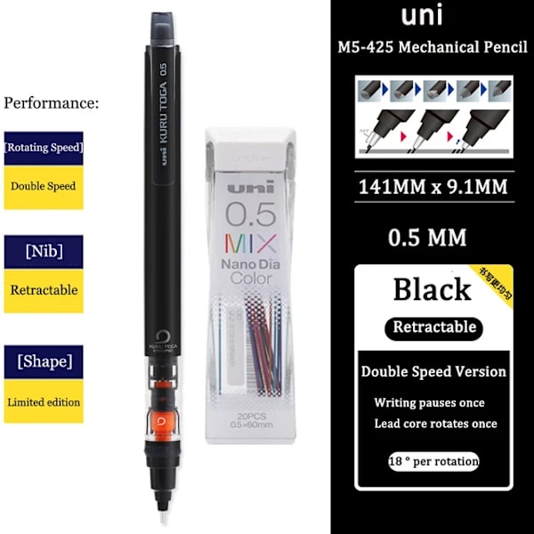 Uni Kuru Toga Mekanisk Penna M5-452 Bly Kärna Roterande Anti-Brytning Core Tips Längd 0,5Mm Söt Försörjning Av Papperskolar Black add 1Box Mix