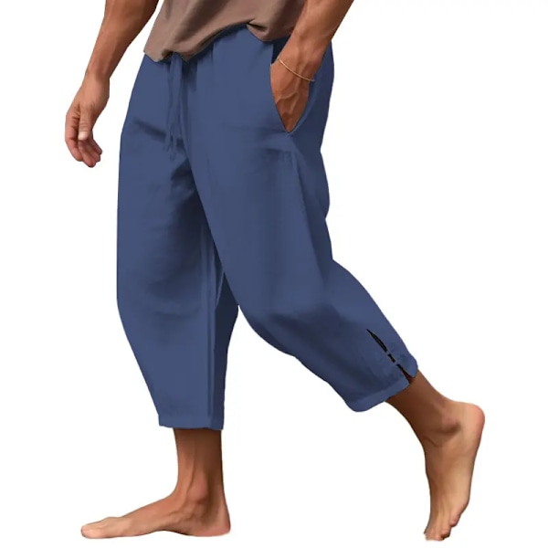 2024 Sommer Bomuld Linned Bukser Til Mænd Baggy Store Lomme Beskårne Bukser Oversize Capri Bukser Løs Harem Casual Panta S Mænd navy 4XL