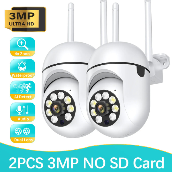 3MP Utomhus Wifi-kamera Övervakning Night Vision Fullfärg Ai Människospårning 4X digital zoom Videosäkerhetsövervakningskameror US PLUG 3MP-NO SD Card 2PCS