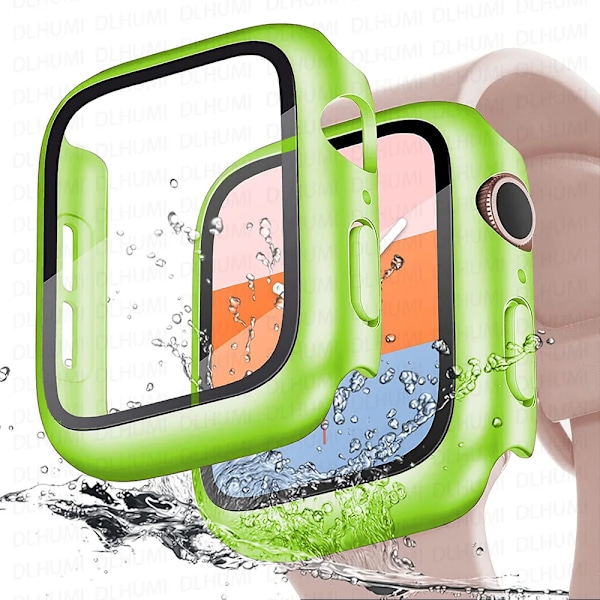 Hærdet Glas+cover til Apple Watch 41mm 45mm 44mm 40mm 42mm 38mm PC-bumper Skærmbeskytter Etui iWatch serie 6 5 4 se 7 8 9 Fluorescent green Series 123 42MM