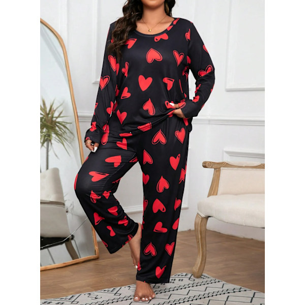 Plus Size Kvindernes Hjerte Print Langærmet Pyjamasæt, Blødt Let 2-delt Loungewear, Perfekt Til Hjemmet Og Afslapning yellow 4XL