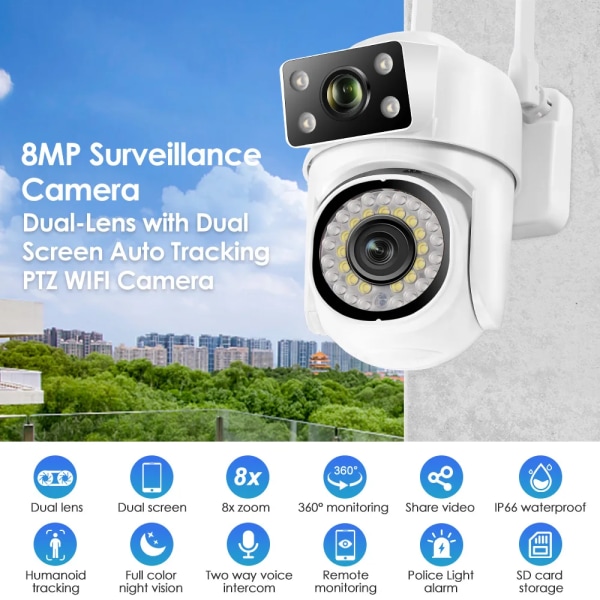 8MP Dual Lens IP Wifi-kamera 1/4PCS Säkerhetsövervakning PTZ Dual Screen Video Fullfärg Night Vision Utomhuskameror 8x zoom EU Plug 8MP 2PCS NO SD Card