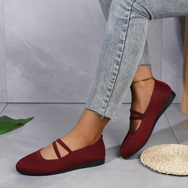 Damstickade Mary Jane, bekväma, mjuka sula Elastiska Slip On Flat Shoes, Andas Enfärgade Flats Burgundy CN41(EU39.5)