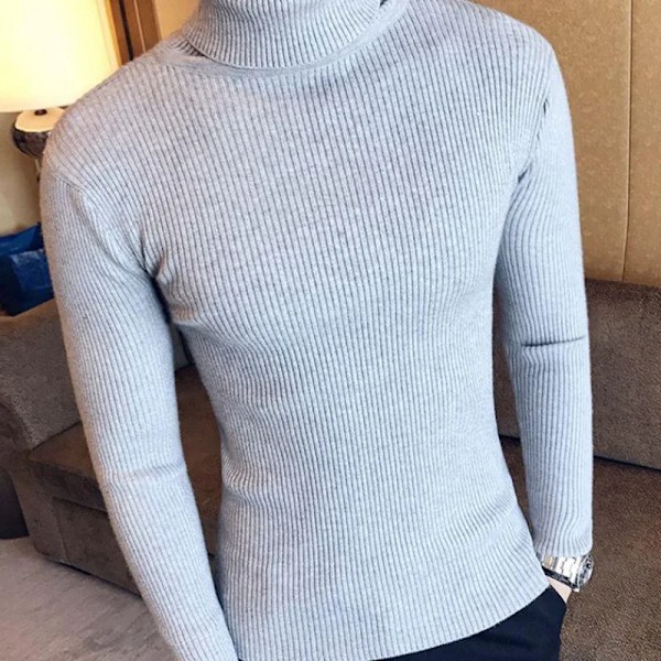 Mænd Turtleneck Trøjer Vinter Varm Strik Pullover Koreansk Bomuld Solid Farve Casual Slim Sweater Mand Tøj Bot Bott Trøje G03 Grey Asian S(40-55Kg)