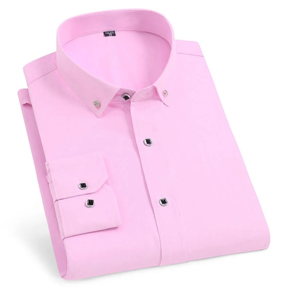 Långärmad herrskjortaklänning av hög kvalitet Casual Enfärgad Rutinpassform Design Business Manliga sociala skjortor Vit Blå Svart Pink XXL - 41
