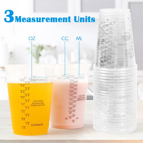 Fais Du 8Oz kertakäyttöinen mittauskuppi sekoituspuikoilla muovi epoksihartsi sekoituskupit leivontaan, sekoitusmaalaus, pigmentit 50pcs Measuring Cups 250ml