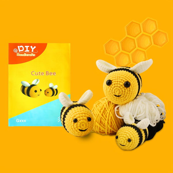 3st Yellow Bee Family, Cute Bee Beginners Crochet Kit för barn och vuxna, gör 3 bidjur, Steg-för-steg-videohandledning, Virkningsstartkit