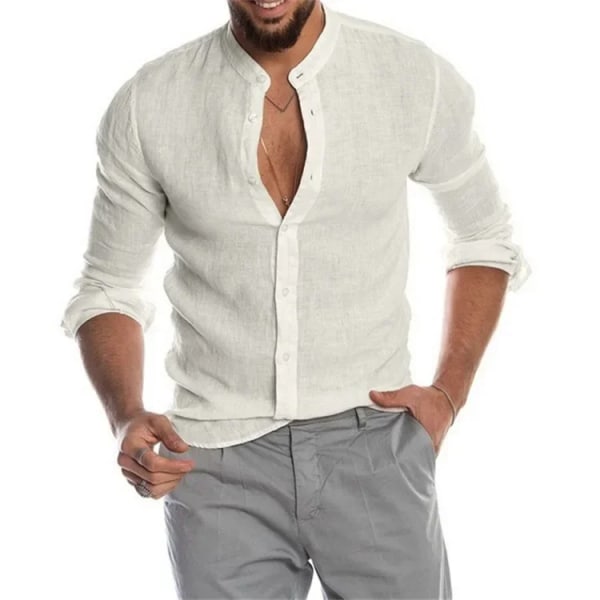 Nytt herrmode Casual Enfärgad skjorta Pullover Knapp Linne Bomull Bekväm daglig topp långärmad skjorta white 4XL