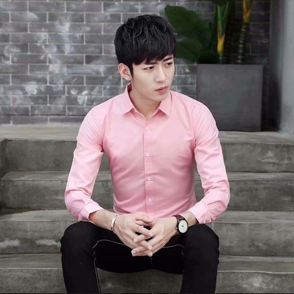 Vår Och Höst Vit Skjorta Herr Långärmad Trendig Business Slim-Fit Koreansk Stil Stilig Skjorta Professionell Klänning Herr Skjorta Trendig Pink XL