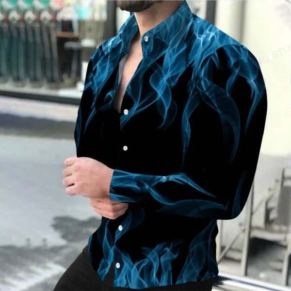 Långärmade hawaiianska skjortor Brandskjortor Modeskjorta för män Blue Flame Beach Blus Herrkläder Enkelknäppt Camisas Unisex FSF5J232015K 2XL