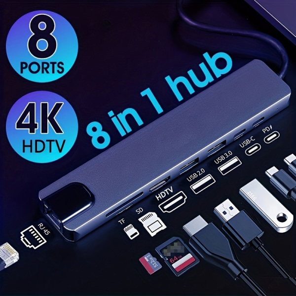 Typ-C 8-i-1 Hub Multiport Adapter, USB C till 4K 30Hz HDMI, 100W PD Laddare, USB C Data, Lan 100Mbps Ethernet, USB 3.0, USB C Hub för Macbook