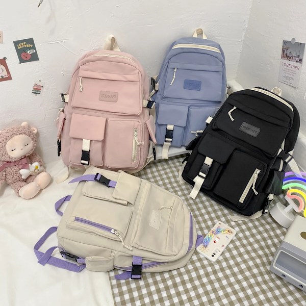 Naiset Kawaii Koululaukut Tytöille Reppu Monitaskuinen Koululaukku Läppärilaukku Opiskelijat Söpö Canvas Rucksack Käsilaukut Mochila black