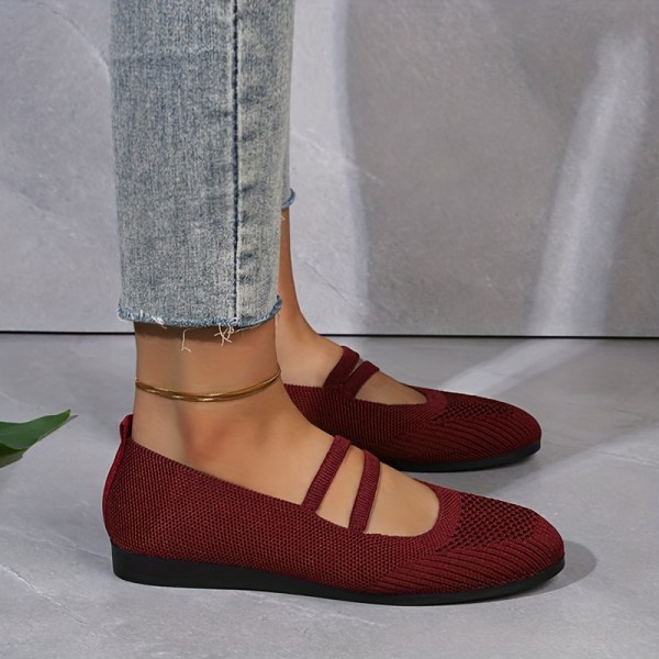 Damstickade Mary Jane, bekväma, mjuka sula Elastiska Slip On Flat Shoes, Andas Enfärgade Flats Burgundy CN43(EU41)