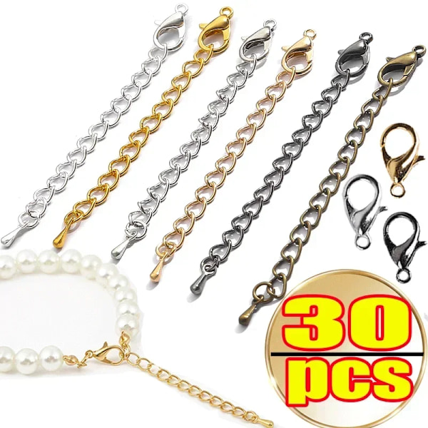 5-30PCS Rostfritt Stål Förlängningskedjor Hummerlås Anslutningslänk Halsbandssvans Tillverkning DIY Armband Tillbehör Leveranser golden-30PCS