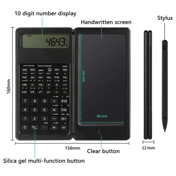 2 i 1 hopfällbara vetenskapliga miniräknare 10-siffrig LCD-skärm med 6 tums skrivplatta stöd Stylus Penna Radera knapplås Scientific Version