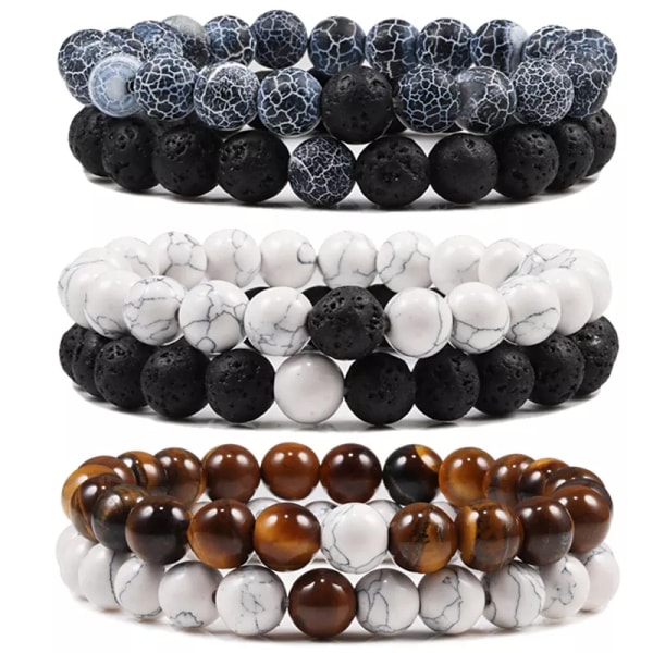 Set Armband Par Avstånd Svart Vit Naturlig Lavasten Tiger Eye Beaded Yoga Armband för män Kvinnor Elastiskt rep Smycken 6mm Matte-malachite