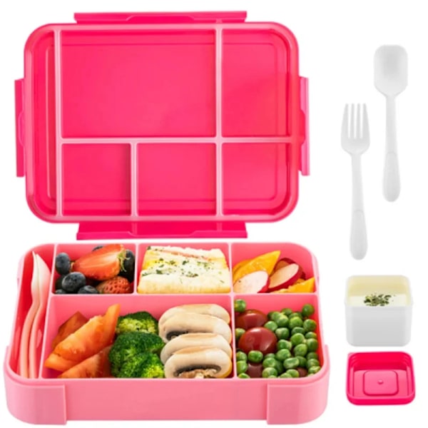 1330ML Frokostboks Voksen Bento Bokse Madbeholdere med 6 Rum og Bestik Til Snack Arbejde Skole Mikroovn Opvarmning Rose Red 5