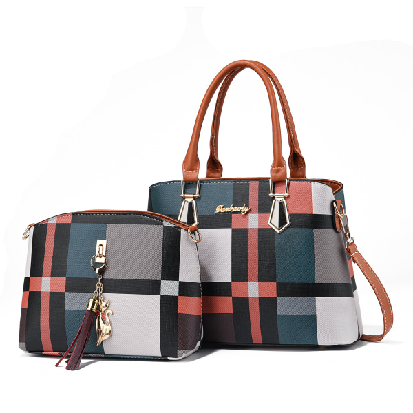 2st PU-läderväska set, handväska med tofsdekor & crossbodyväska, kontors- och arbetsväska för kvinnor Brown Plaid