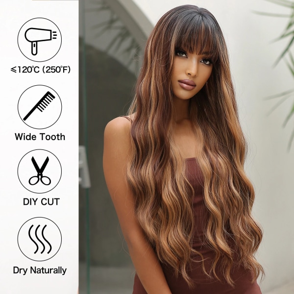 Bruna Highlight syntetiska peruker med lugg för svarta kvinnor Lång Ombre Honey Brown Wave Peruk Värmebeständigt hår Naturligt LC3011-1