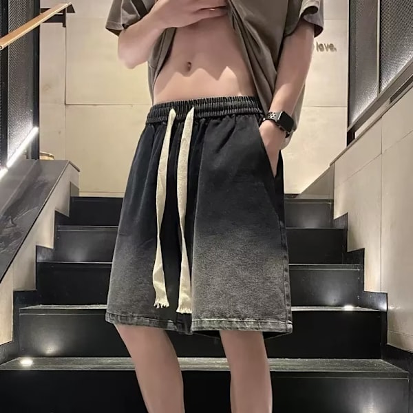 Japanska Mäns Denim Shorts Mäns Sommar Tunna Trendig Lös Yttre Slitage Beskärda Casual Byxor Mode Pojkar Black XL