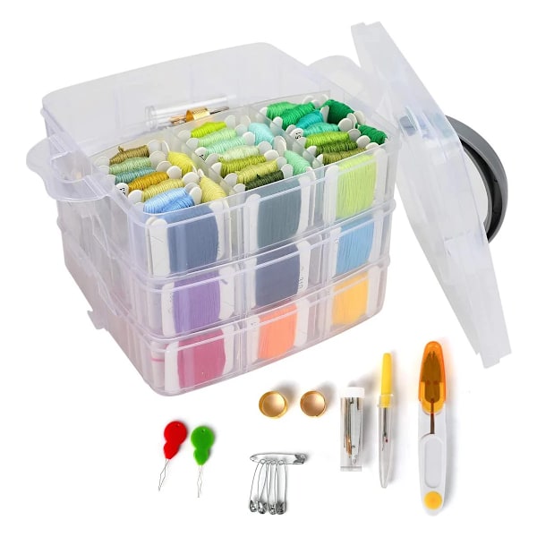 Broderisats Floss Set med 150 Färger Trådar med 3-Vånings Transparent Förvaringslåda Korsstygn Verktyg 150PCS