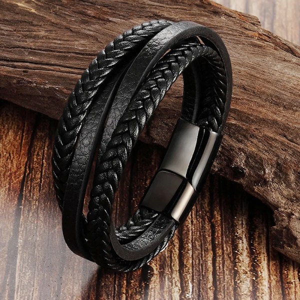 Mode Enkel design Flerlagers läderrep Handvävt 316L magnetarmband i rostfritt stål Herrsmycken black 19cm